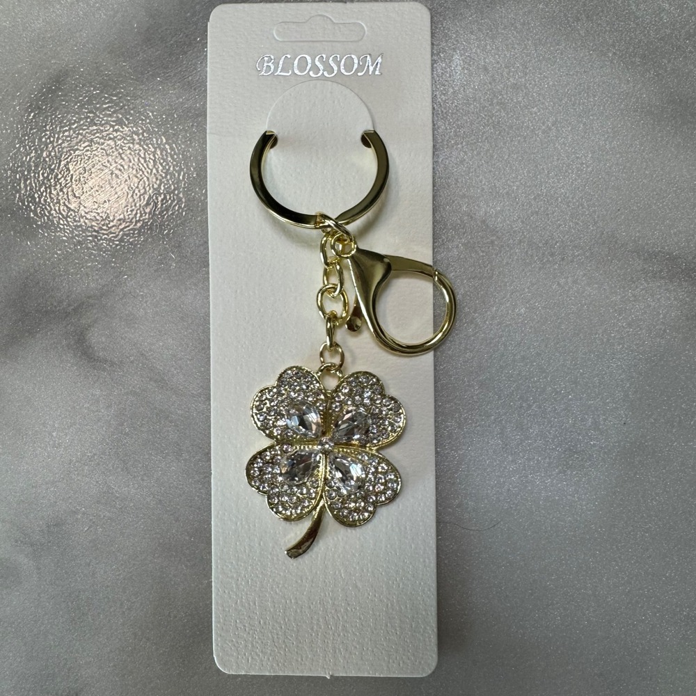 Blossom Four Leaf Clover Keychain Bag Charm Gold Crystal Rhinestone Good Luck